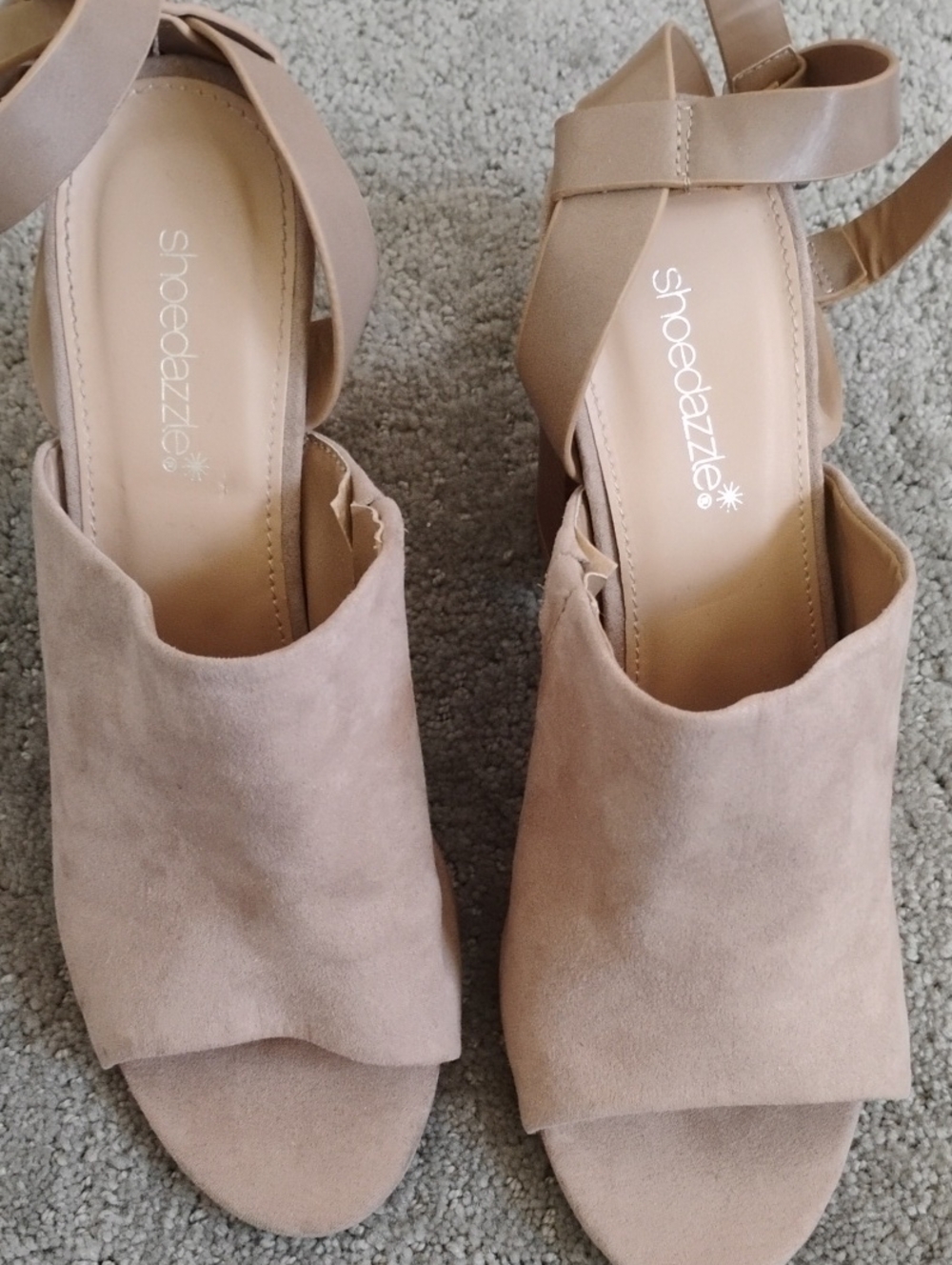Shoe Dazzle Taupe Suede Peep-Toe Slingback Heels. Size 9.5.  Very Good Condition
